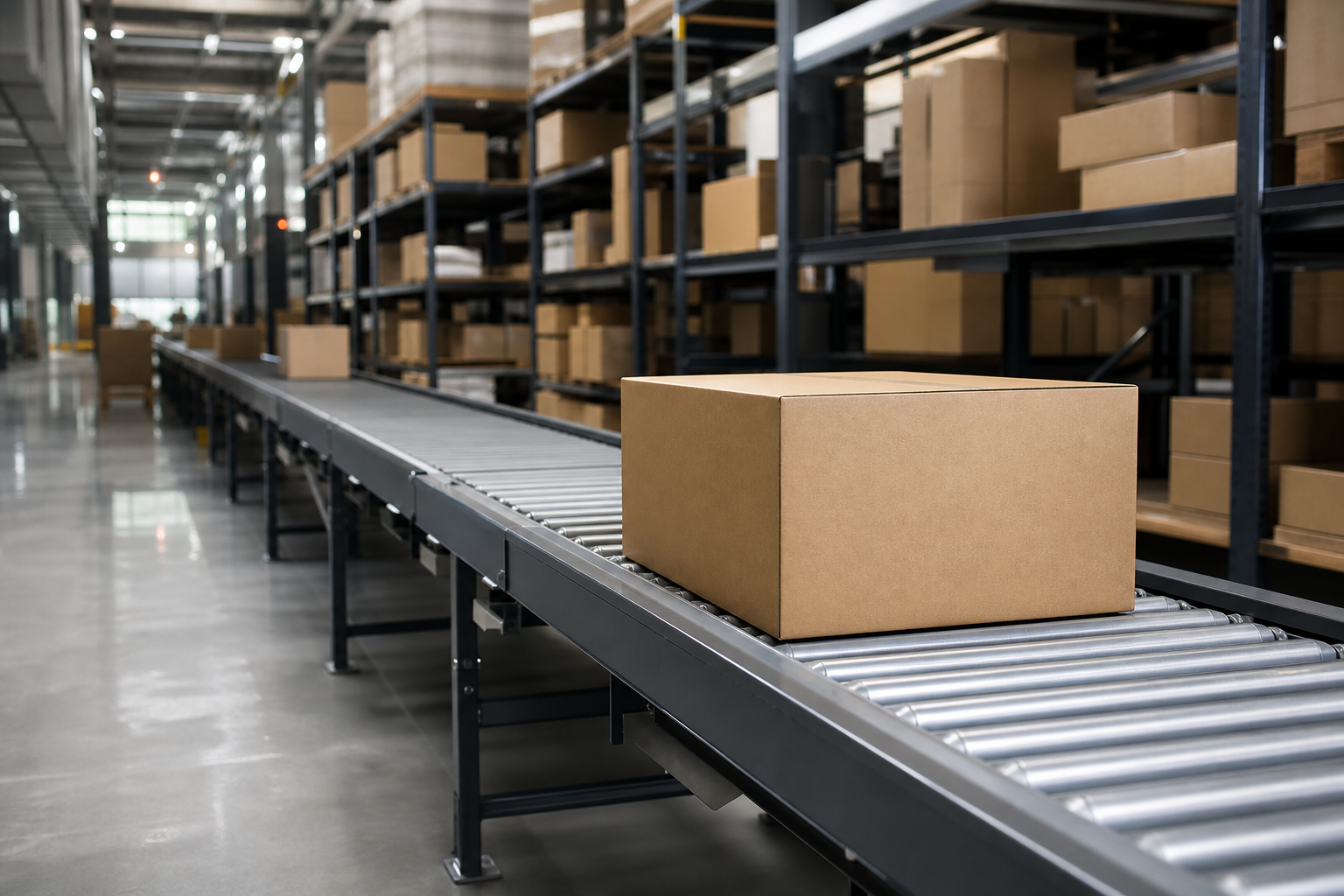 An organized ecommerce fulfillment operation with an unbranded package moving along a conveyor